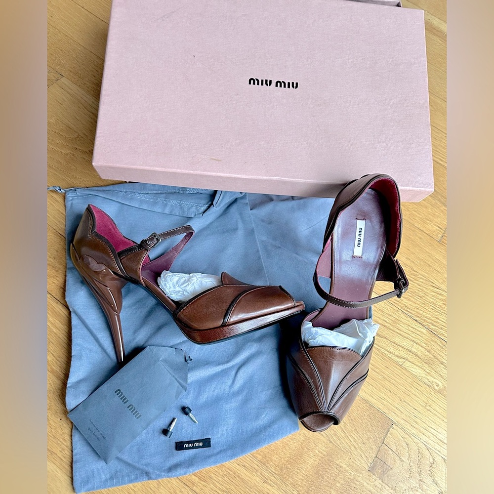 Miu Miu Burgundy/ Brown and Black Peep-toe Ankle Strap Embellished Lucite Heels